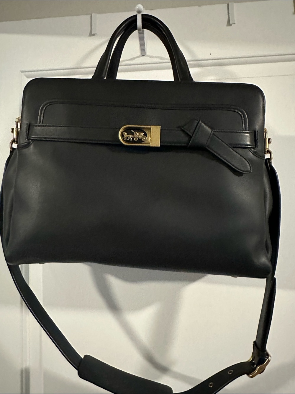 Coach Tate Carryall Black Leather Satchel with Gold Hardware